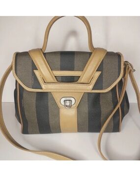 Fendi Pequin Black & Tan Striped Handbag/Crossbody Bag with Leather Trim.